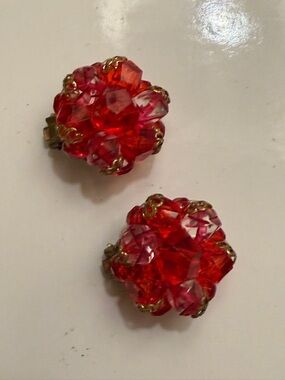 Vintage Red Cluster Bead Clip-On Earrings marked Germany